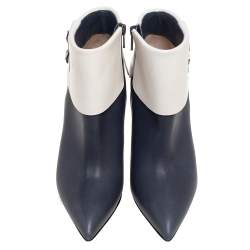 Manolo Blahnik Blue/White Leather Buckle Pointed Toe Ankle Boots Size 36