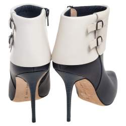 Manolo Blahnik Blue/White Leather Buckle Pointed Toe Ankle Boots Size 36
