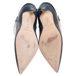 Manolo Blahnik Blue/White Leather Buckle Pointed Toe Ankle Boots Size 36