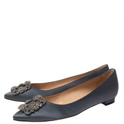 Pre Owned Manolo Blahnik Metallic Grey Satin Hangisi Ballet Flats Size 38