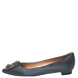 Pre Owned Manolo Blahnik Metallic Grey Satin Hangisi Ballet Flats Size 38