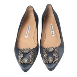 Pre Owned Manolo Blahnik Metallic Grey Satin Hangisi Ballet Flats Size 38