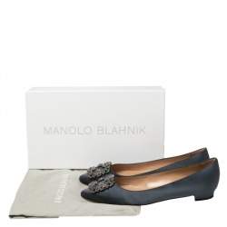 Pre Owned Manolo Blahnik Metallic Grey Satin Hangisi Ballet Flats Size 38