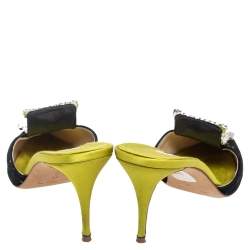 Pre Owned Manolo Blahnik Black-Green Satin And Laser-Cut Suede Borli Crystal Embellished Mules Size 41