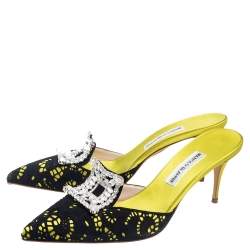 Pre Owned Manolo Blahnik Black-Green Satin And Laser-Cut Suede Borli Crystal Embellished Mules Size 41