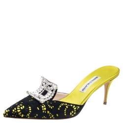 Pre Owned Manolo Blahnik Black-Green Satin And Laser-Cut Suede Borli Crystal Embellished Mules Size 41