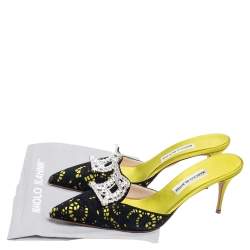 Pre Owned Manolo Blahnik Black-Green Satin And Laser-Cut Suede Borli Crystal Embellished Mules Size 41