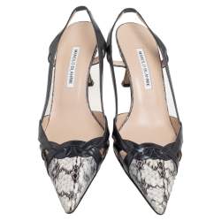 Pre Owned صندل مانولو بلانيك جلد ثعبان وجلد لامع بيج ورصاصي داكن مقدمة مدببة فتحة كعب مقاس 40