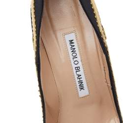 Pre Owned Manolo Blahnik Black Satin Embroidered Pointed Toe Pumps Size 36