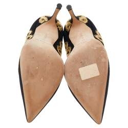 Pre Owned Manolo Blahnik Black Satin Embroidered Pointed Toe Pumps Size 36