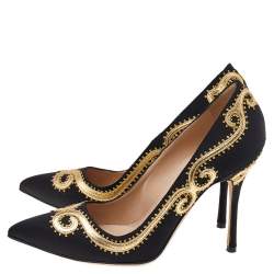 Pre Owned Manolo Blahnik Black Satin Embroidered Pointed Toe Pumps Size 36