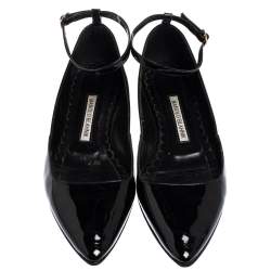 Pre Owned حذاء باليرينا فلات مانولو بلانيك أسود لامع مقدمة مدببة بحزام للكاحل مقاس 37