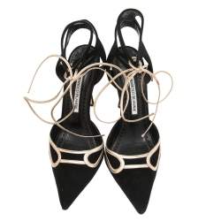 Pre Owned Manolo Blahnik Black Suede Pointed Toe Ankle Tie Sandals Size 39
