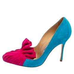 Pre Owned Manolo Blahnik Blue/Pink Suede Leather Arleti Frill Pumps Size 37.5