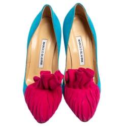 Pre Owned Manolo Blahnik Blue/Pink Suede Leather Arleti Frill Pumps Size 37.5