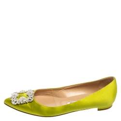 Pre Owned Manolo Blahnik Green Satin Hangisi Ballet Flats Size 37.5