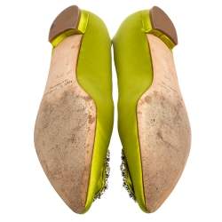 Pre Owned Manolo Blahnik Green Satin Hangisi Ballet Flats Size 37.5