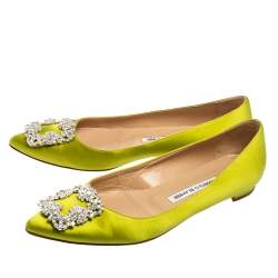 Pre Owned Manolo Blahnik Green Satin Hangisi Ballet Flats Size 37.5