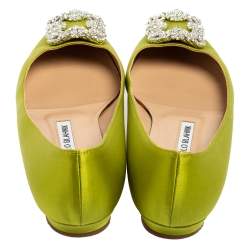 Pre Owned Manolo Blahnik Green Satin Hangisi Ballet Flats Size 37.5