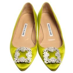 Pre Owned Manolo Blahnik Green Satin Hangisi Ballet Flats Size 37.5