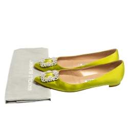 Pre Owned Manolo Blahnik Green Satin Hangisi Ballet Flats Size 37.5