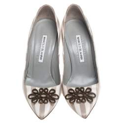 Pre Owned Manolo Blahnik Cream/Grey Satin Pointed Toe Pumps Size 36.5
