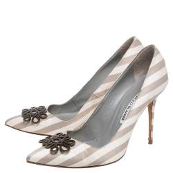 Pre Owned Manolo Blahnik Cream/Grey Satin Pointed Toe Pumps Size 36.5