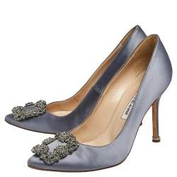 Pre Owned Manolo Blahnik Grey Satin Hangisi Pumps Size 37