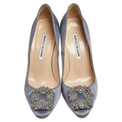 Pre Owned Manolo Blahnik Grey Satin Hangisi Pumps Size 37