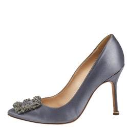 Pre Owned Manolo Blahnik Grey Satin Hangisi Pumps Size 37