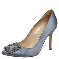 Pre Owned Manolo Blahnik Grey Satin Hangisi Pumps Size 37