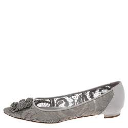 Pre Owned حذاء باليرينا فلات مانولو بلانيك هانغيسي دانتيل رصاصي مقاس 40.5