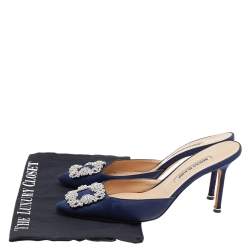 Pre Owned Manolo Blahnik Blue Satin Hangisi Mules Sandals Size 40