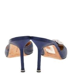 Pre Owned Manolo Blahnik Blue Satin Hangisi Mules Sandals Size 40