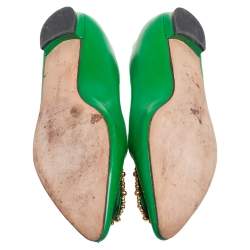 Pre Owned Manolo Blahnik Green Leather Hangisi Ballet Flat Size 37.5