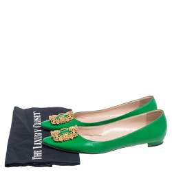 Pre Owned Manolo Blahnik Green Leather Hangisi Ballet Flat Size 37.5