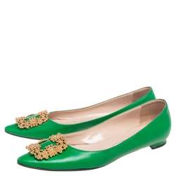 Pre Owned Manolo Blahnik Green Leather Hangisi Ballet Flat Size 37.5