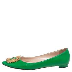 Pre Owned Manolo Blahnik Green Leather Hangisi Ballet Flat Size 37.5