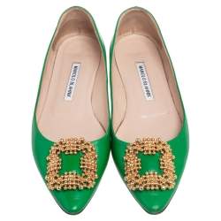 Pre Owned Manolo Blahnik Green Leather Hangisi Ballet Flat Size 37.5
