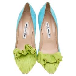 Pre Owned Manolo Blahnik Blue/Green Suede Arleti Frill Detail Pumps Size 39