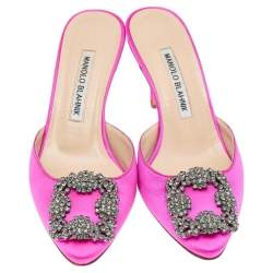 Pre Owned Manolo Blahnik Pink Satin Hangisi Mules Sandal Size 36