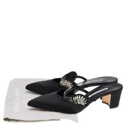 Pre Owned Manolo Blahnik Black Satin Sky Crystal Embellished Mules Size 39