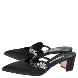 Pre Owned Manolo Blahnik Black Satin Sky Crystal Embellished Mules Size 39
