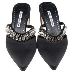 Pre Owned Manolo Blahnik Black Satin Sky Crystal Embellished Mules Size 39