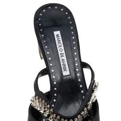 Pre Owned Manolo Blahnik Black Satin Sky Crystal Embellished Mules Size 39