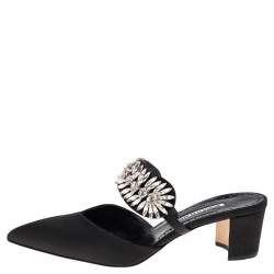 Pre Owned Manolo Blahnik Black Satin Sky Crystal Embellished Mules Size 39