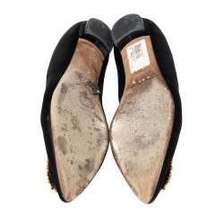 Pre Owned Manolo Blahnik Black Satin Hangisi Pearl Embellished Flats Size 37.5