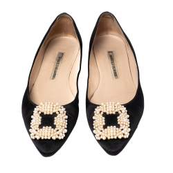 Pre Owned Manolo Blahnik Black Satin Hangisi Pearl Embellished Flats Size 37.5