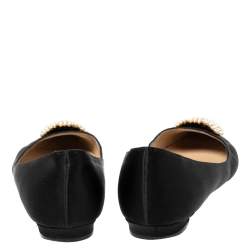 Pre Owned Manolo Blahnik Black Satin Hangisi Pearl Embellished Flats Size 37.5