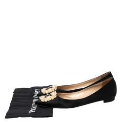 Pre Owned Manolo Blahnik Black Satin Hangisi Pearl Embellished Flats Size 37.5